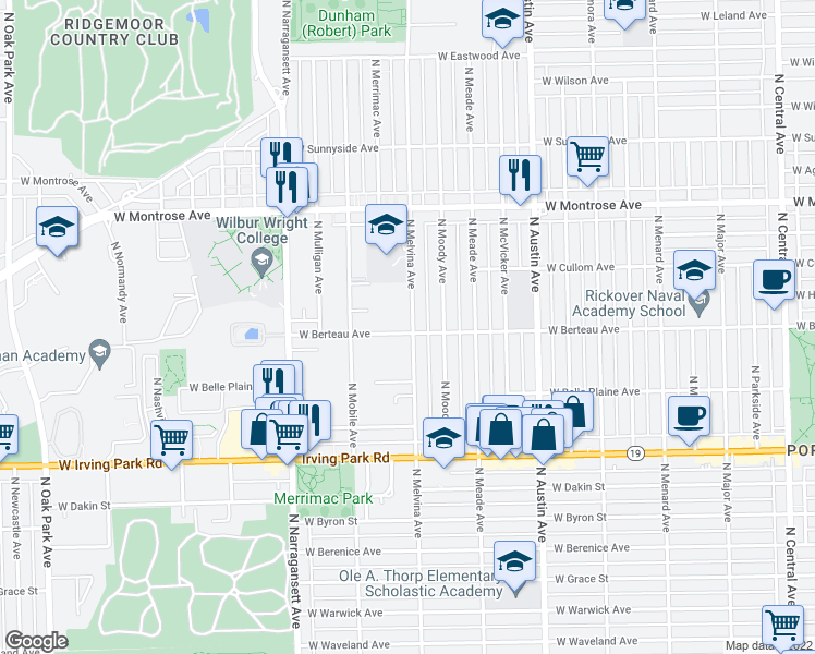map of restaurants, bars, coffee shops, grocery stores, and more near 4159 North Melvina Avenue in Chicago