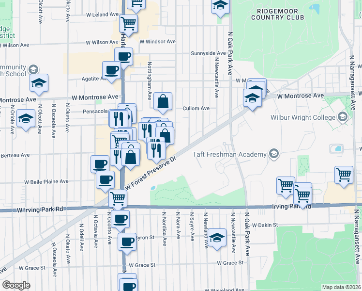 map of restaurants, bars, coffee shops, grocery stores, and more near 7000 West Forest Preserve Drive in Norridge