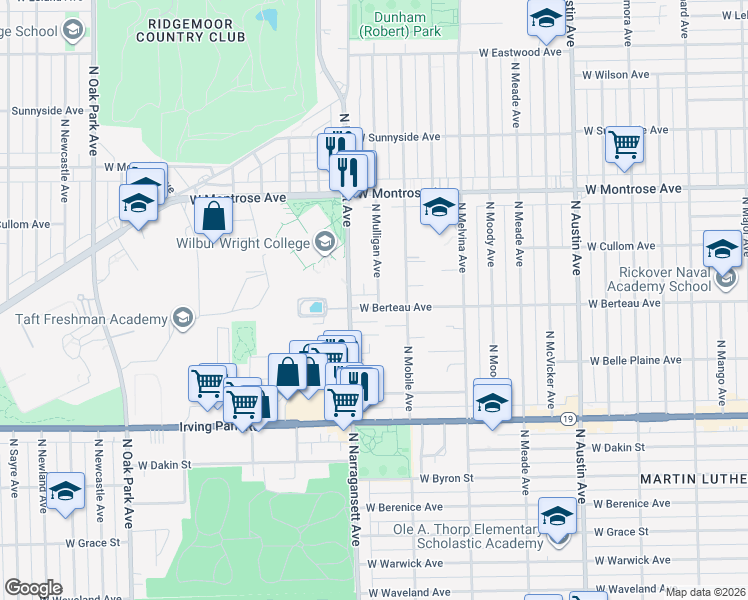 map of restaurants, bars, coffee shops, grocery stores, and more near 6347 West Berteau Avenue in Chicago