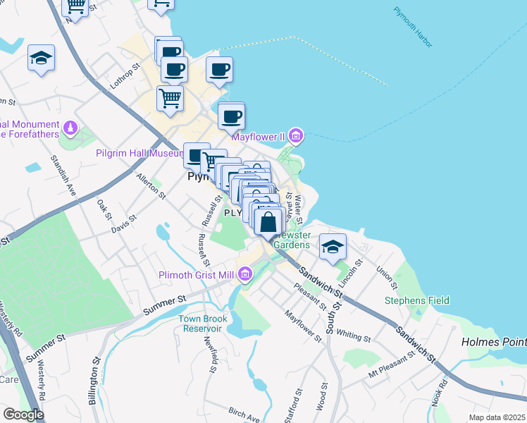 map of restaurants, bars, coffee shops, grocery stores, and more near in Plymouth