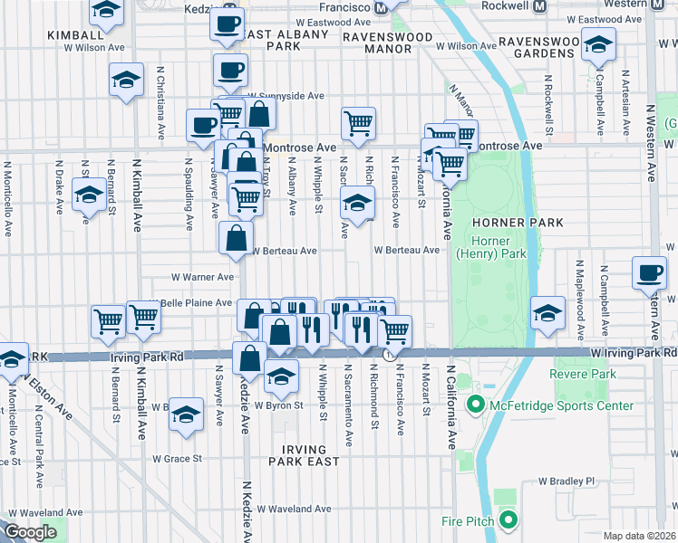 map of restaurants, bars, coffee shops, grocery stores, and more near 4122 North Sacramento Avenue in Chicago