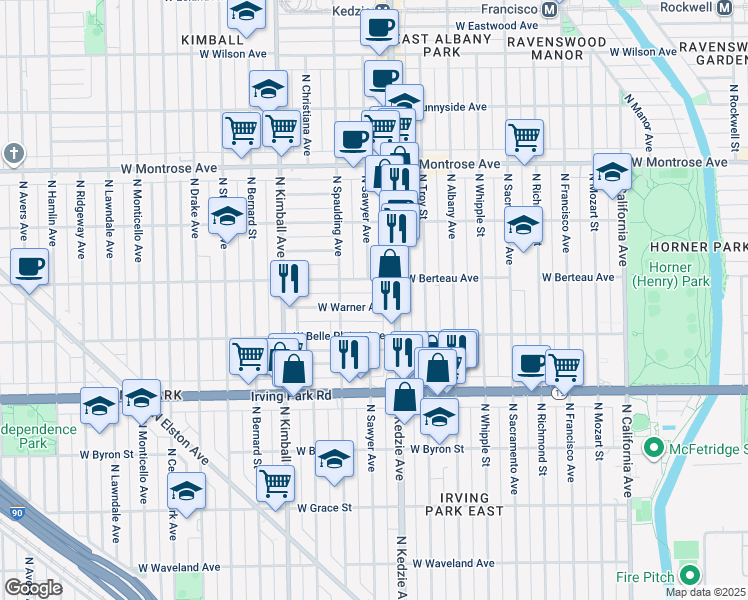 map of restaurants, bars, coffee shops, grocery stores, and more near 3235 West Warner Avenue in Chicago