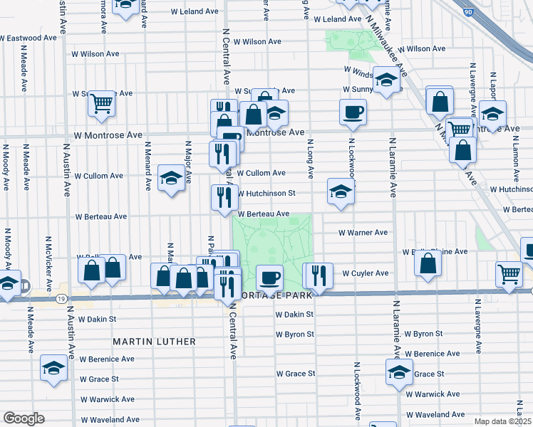 map of restaurants, bars, coffee shops, grocery stores, and more near 5515 West Berteau Avenue in Chicago