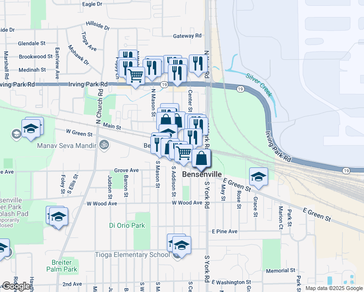map of restaurants, bars, coffee shops, grocery stores, and more near in Bensenville