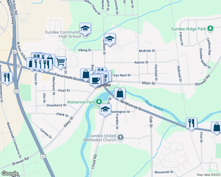map of restaurants, bars, coffee shops, grocery stores, and more near 220 East Main Street in Dundee