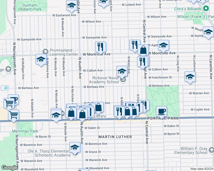 map of restaurants, bars, coffee shops, grocery stores, and more near 4156 North Menard Avenue in Chicago