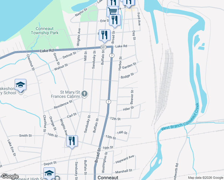 map of restaurants, bars, coffee shops, grocery stores, and more near 675 Harbor Street in Conneaut