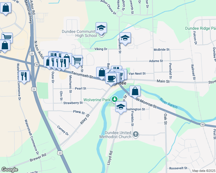 map of restaurants, bars, coffee shops, grocery stores, and more near 604 Pearl Street in Dundee