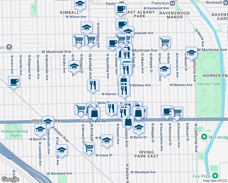 map of restaurants, bars, coffee shops, grocery stores, and more near 3235 West Warner Avenue in Chicago