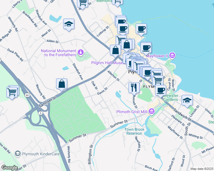 map of restaurants, bars, coffee shops, grocery stores, and more near 11 Highland Place in Plymouth