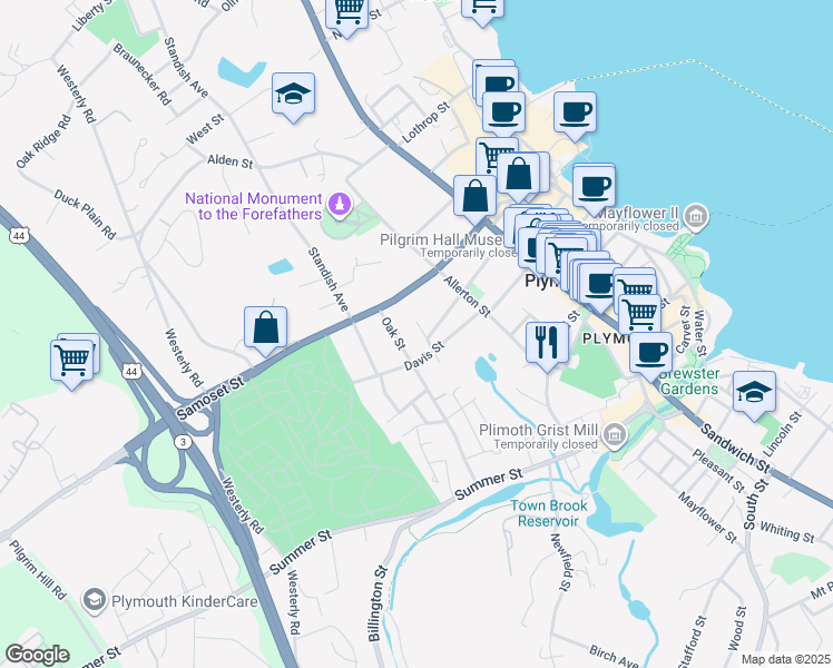 map of restaurants, bars, coffee shops, grocery stores, and more near 11 Highland Place in Plymouth
