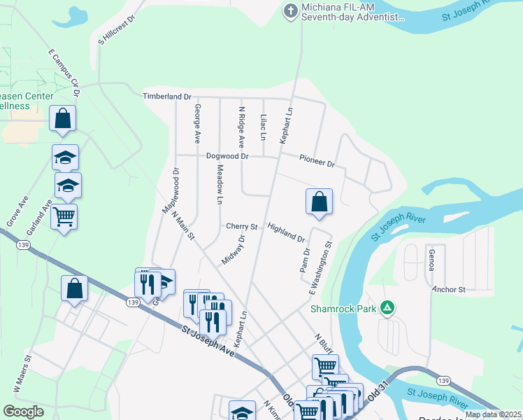map of restaurants, bars, coffee shops, grocery stores, and more near 8975 Kephart Lane in Berrien Springs