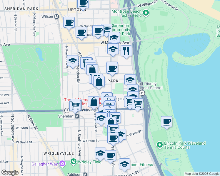 map of restaurants, bars, coffee shops, grocery stores, and more near 4115 North Clarendon Avenue in Chicago