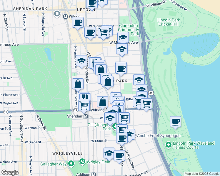 map of restaurants, bars, coffee shops, grocery stores, and more near 4067 North Broadway in Chicago