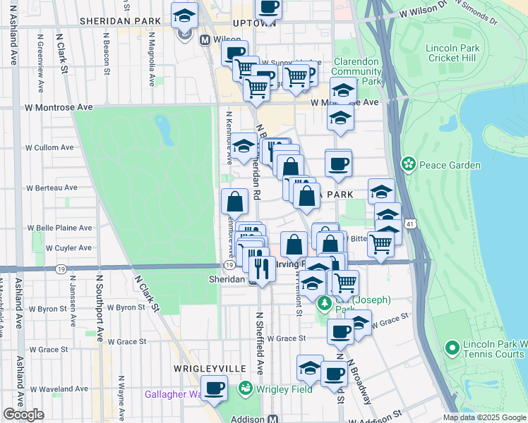 map of restaurants, bars, coffee shops, grocery stores, and more near 947 West Belle Plaine Avenue in Chicago
