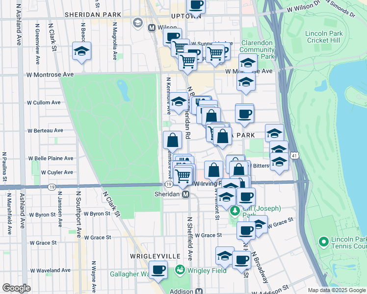 map of restaurants, bars, coffee shops, grocery stores, and more near 4069 North Kenmore Avenue in Chicago