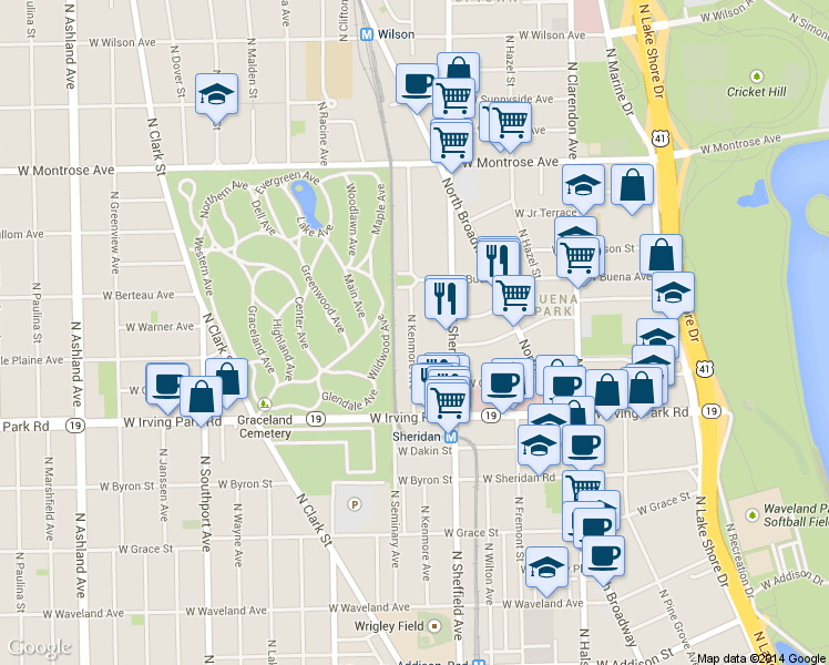 map of restaurants, bars, coffee shops, grocery stores, and more near 4069 North Kenmore Avenue in Chicago