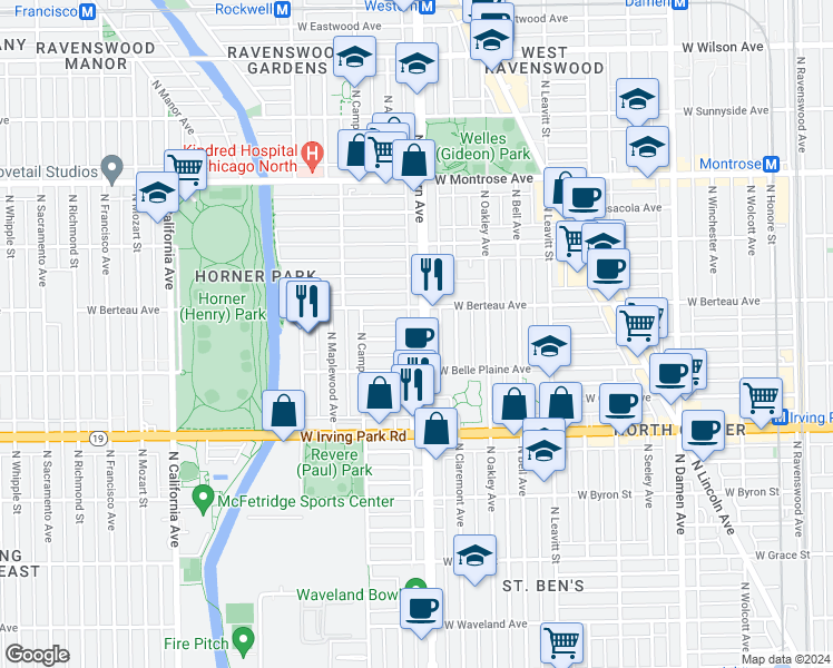 map of restaurants, bars, coffee shops, grocery stores, and more near 4121 North Western Avenue in Chicago