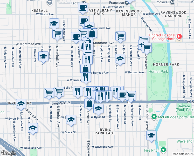 map of restaurants, bars, coffee shops, grocery stores, and more near 4123 North Troy Street in Chicago