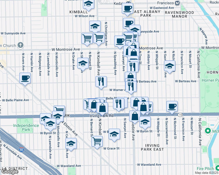 map of restaurants, bars, coffee shops, grocery stores, and more near 3307 West Warner Avenue in Chicago