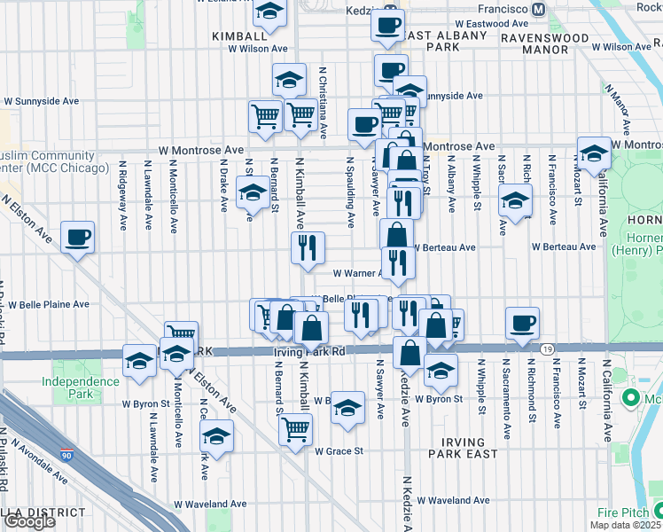 map of restaurants, bars, coffee shops, grocery stores, and more near 3307 West Warner Avenue in Chicago