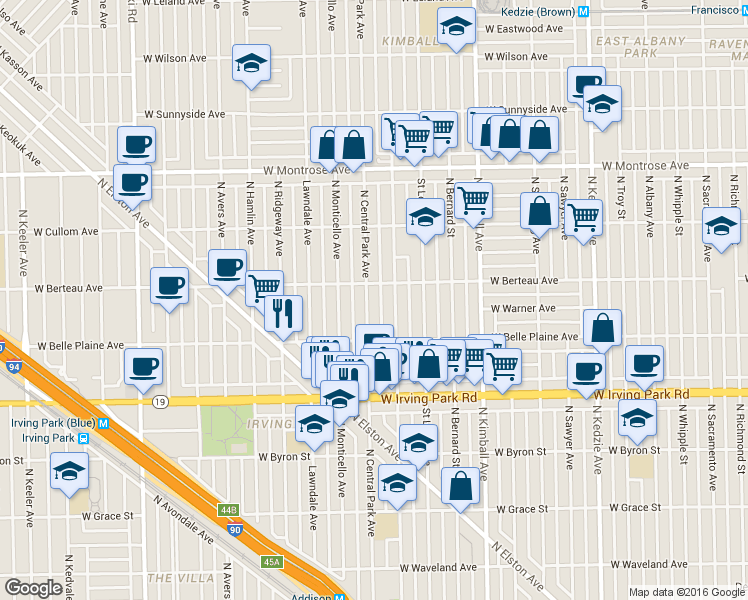map of restaurants, bars, coffee shops, grocery stores, and more near 4126 North Drake Avenue in Chicago