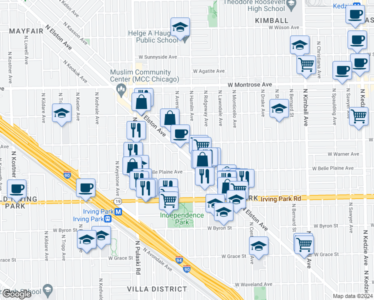 map of restaurants, bars, coffee shops, grocery stores, and more near 4155 North Elston Avenue in Chicago