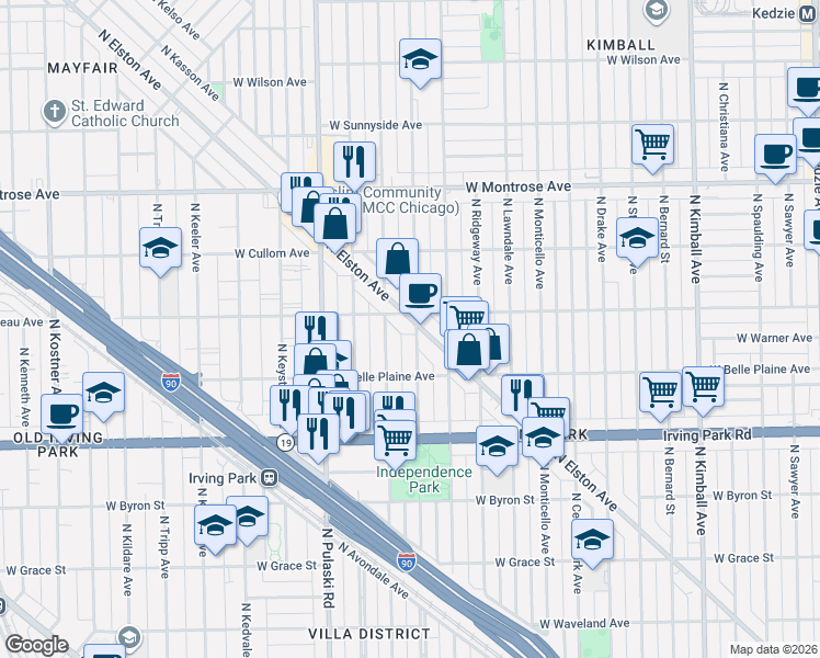 map of restaurants, bars, coffee shops, grocery stores, and more near 4130 North Avers Avenue in Chicago