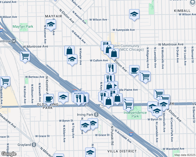 map of restaurants, bars, coffee shops, grocery stores, and more near 4135 North Kedvale Avenue in Chicago