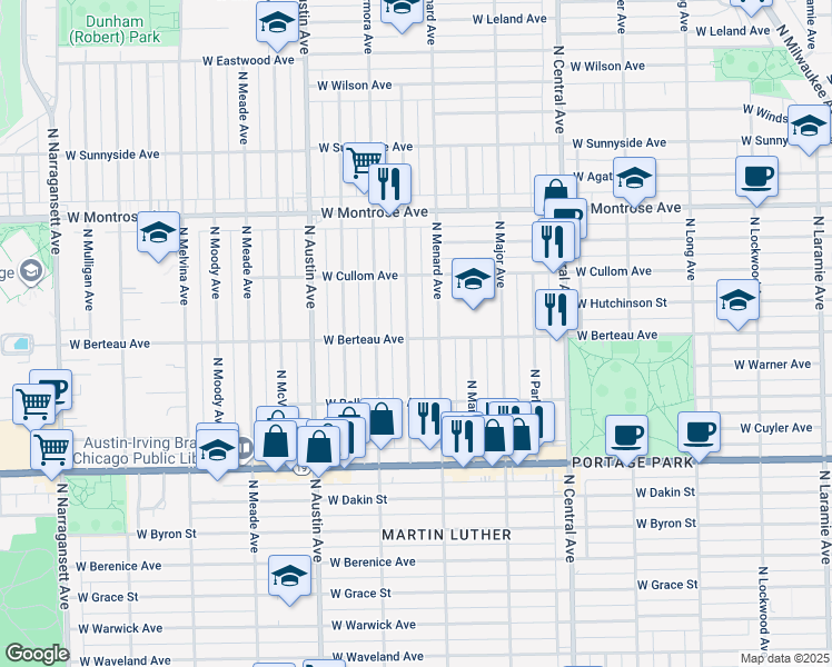 map of restaurants, bars, coffee shops, grocery stores, and more near 4156 North Menard Avenue in Chicago