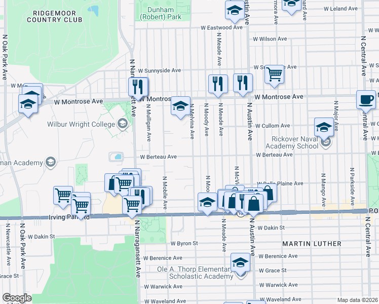 map of restaurants, bars, coffee shops, grocery stores, and more near 4159 North Melvina Avenue in Chicago