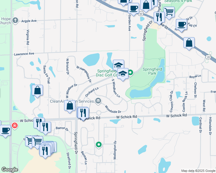 map of restaurants, bars, coffee shops, grocery stores, and more near 114 South Windham Lane in Bloomingdale