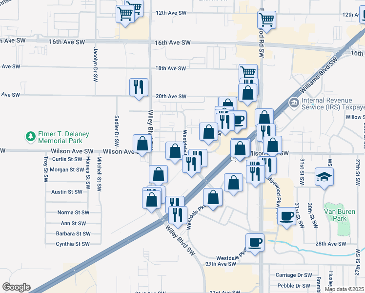 map of restaurants, bars, coffee shops, grocery stores, and more near 4008 Wilson Avenue Southwest in Cedar Rapids