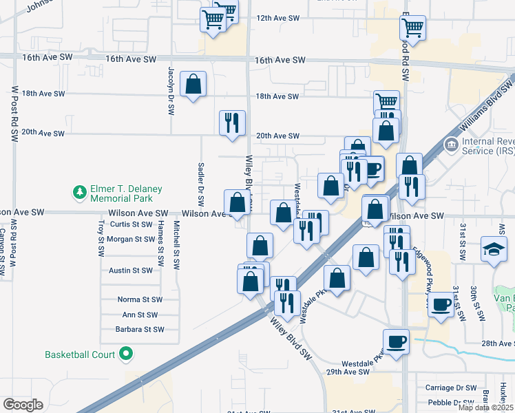 map of restaurants, bars, coffee shops, grocery stores, and more near 4117 Wilson Avenue Southwest in Cedar Rapids