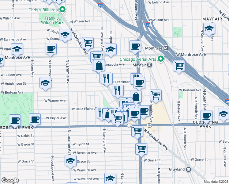 map of restaurants, bars, coffee shops, grocery stores, and more near 4156 North Milwaukee Avenue in Chicago