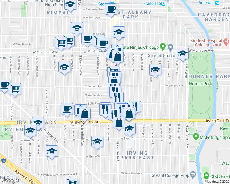 map of restaurants, bars, coffee shops, grocery stores, and more near 4125 North Kedzie Avenue in Chicago