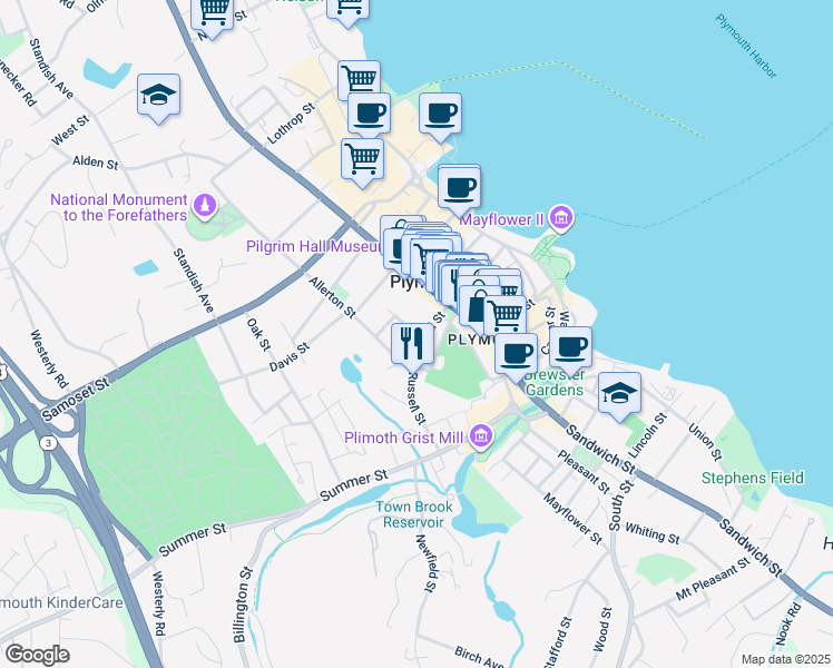 map of restaurants, bars, coffee shops, grocery stores, and more near 6 Sever Street in Plymouth