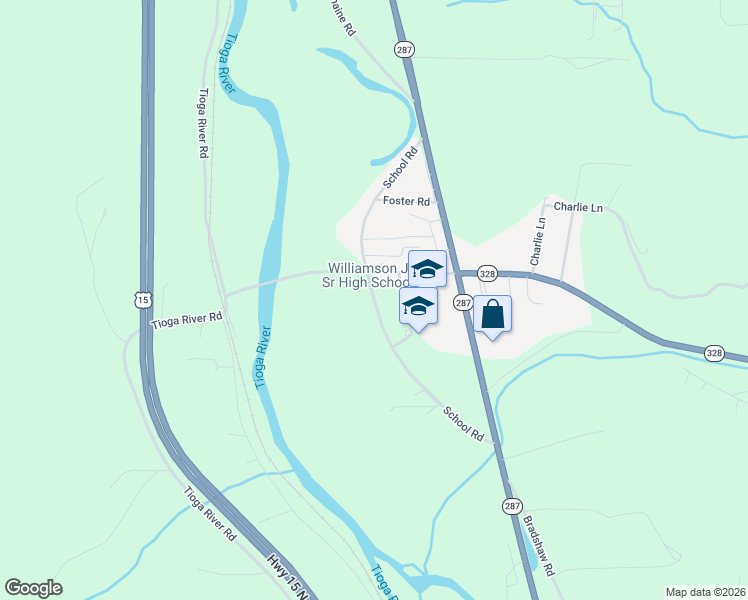 map of restaurants, bars, coffee shops, grocery stores, and more near School Road in Tioga County