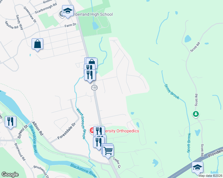 map of restaurants, bars, coffee shops, grocery stores, and more near 24 Tally Ho Road in Cumberland