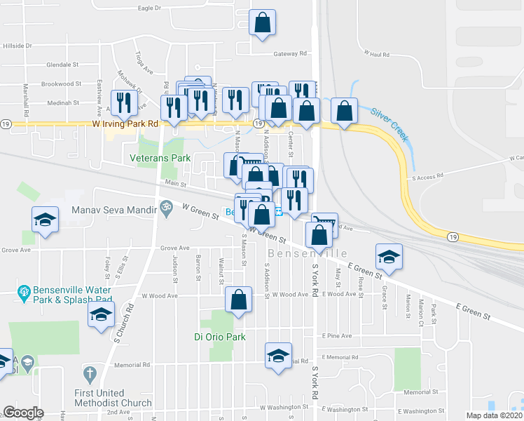 map of restaurants, bars, coffee shops, grocery stores, and more near 2 South Addison Street in Bensenville