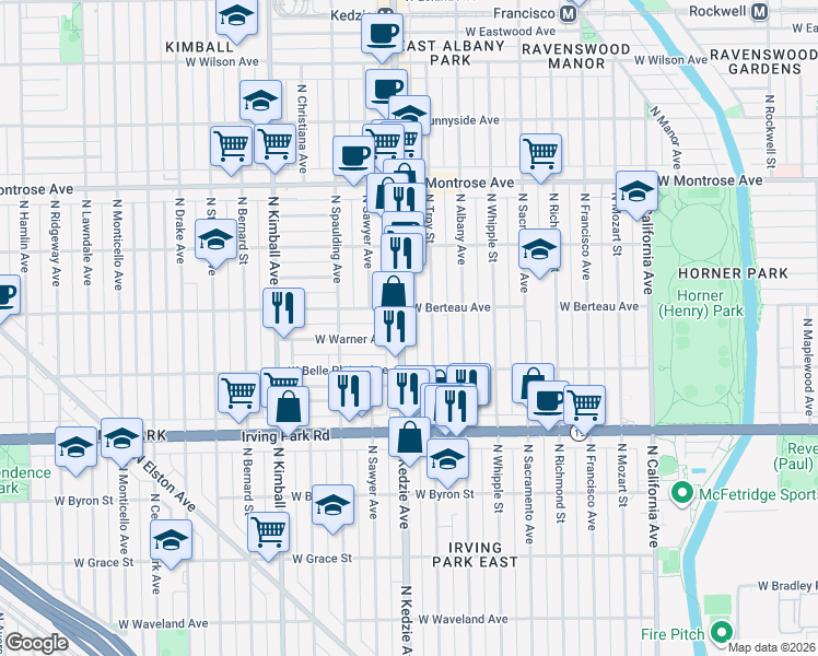 map of restaurants, bars, coffee shops, grocery stores, and more near 4141 North Kedzie Avenue in Chicago