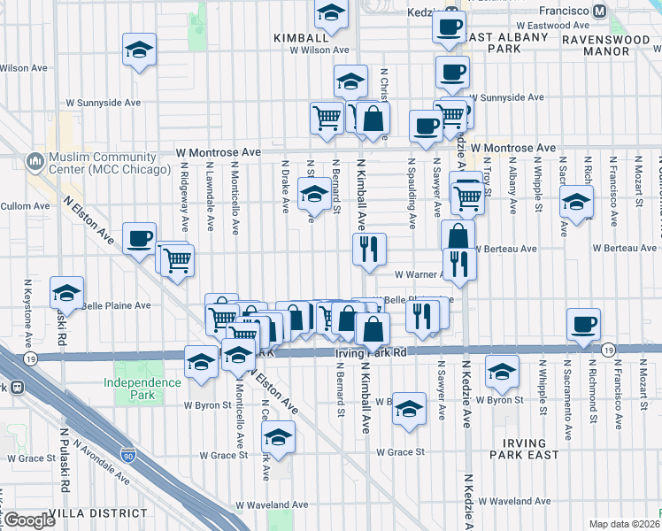 map of restaurants, bars, coffee shops, grocery stores, and more near 4125 North Bernard Street in Chicago