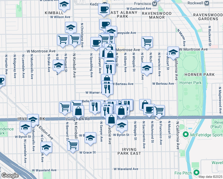 map of restaurants, bars, coffee shops, grocery stores, and more near 4125 North Kedzie Avenue in Chicago