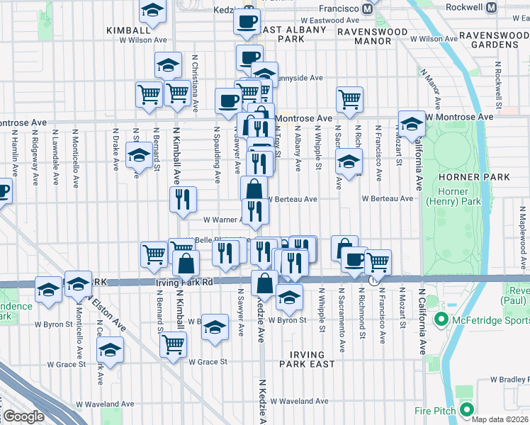 map of restaurants, bars, coffee shops, grocery stores, and more near 4141 North Kedzie Avenue in Chicago