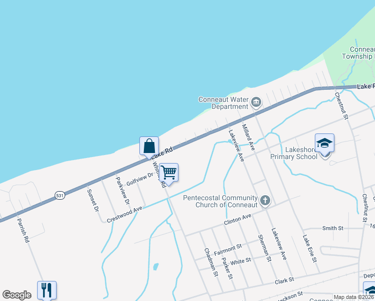 map of restaurants, bars, coffee shops, grocery stores, and more near 947 Lake Road in Conneaut