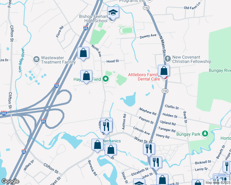 map of restaurants, bars, coffee shops, grocery stores, and more near 37 Paulette Lane in Attleboro