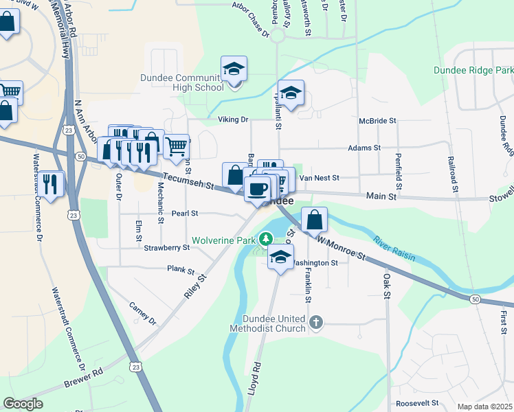 map of restaurants, bars, coffee shops, grocery stores, and more near 604 Pearl Street in Dundee