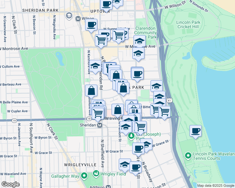 map of restaurants, bars, coffee shops, grocery stores, and more near 911 West Belle Plaine Avenue in Chicago