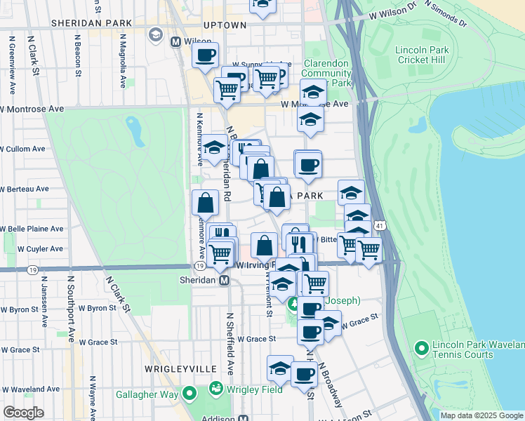 map of restaurants, bars, coffee shops, grocery stores, and more near 911 West Belle Plaine Avenue in Chicago