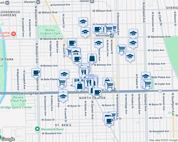 map of restaurants, bars, coffee shops, grocery stores, and more near 2017 West Warner Avenue in Chicago